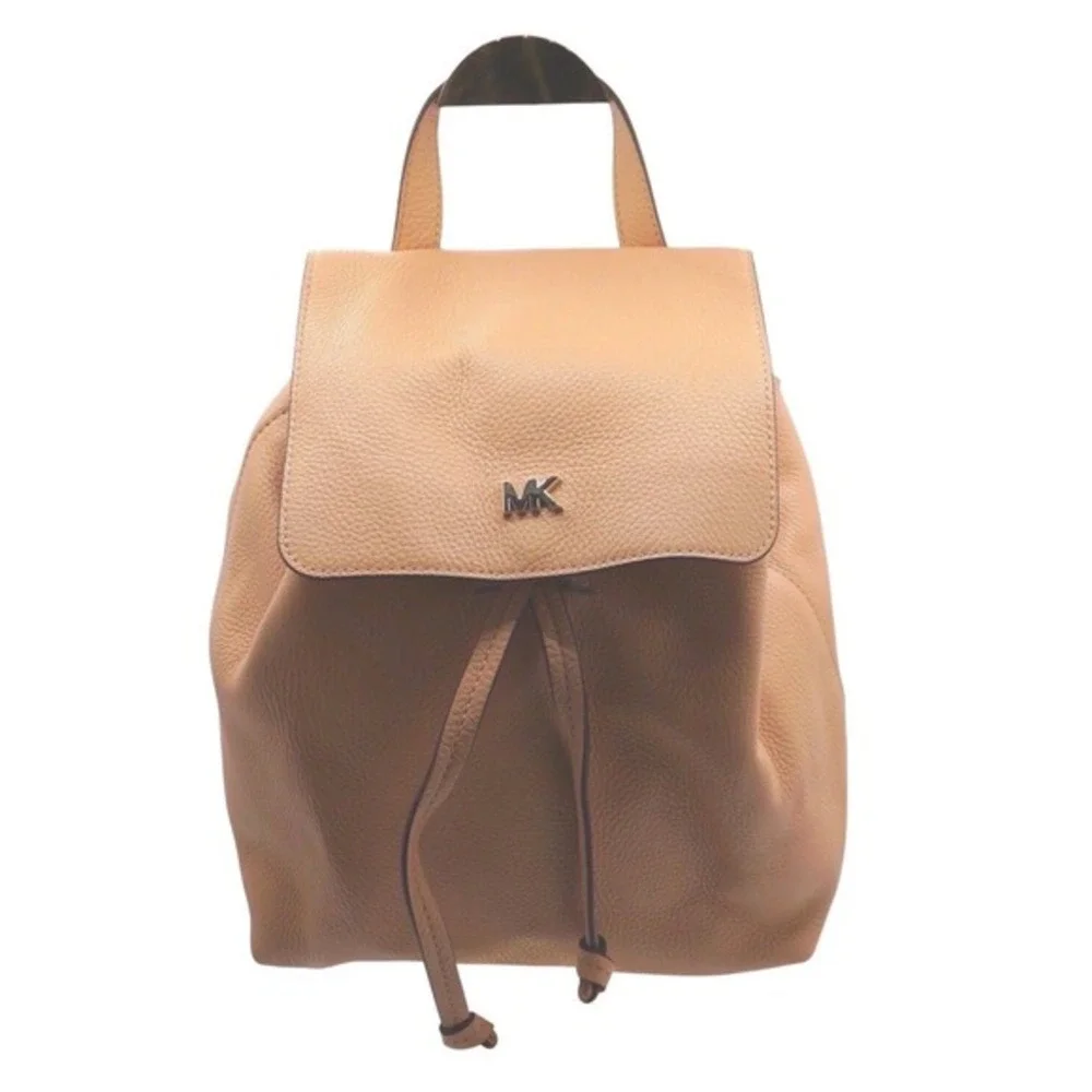 Michael Kors Pebbled Leather Drawstring Backpack Tan Beige MK Logo M‎ Chic 36